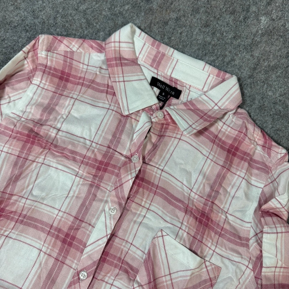 Well Worn Womens Pink White Plaid Viscose Long Sleeve Button Down Shirt Small